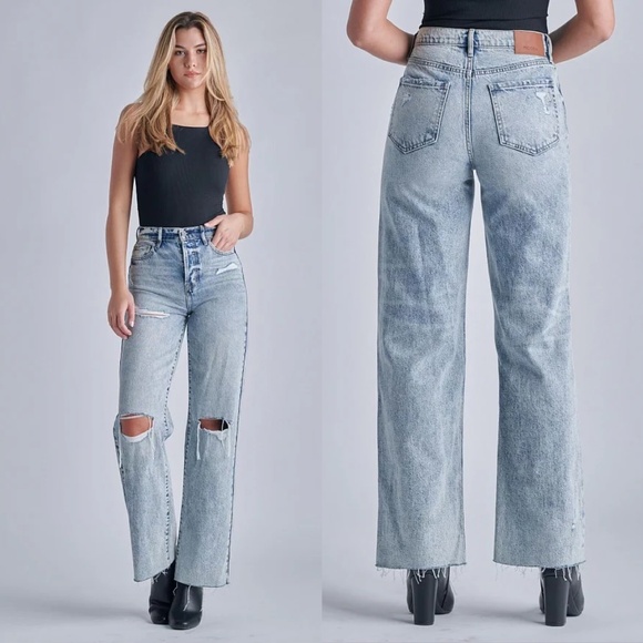 HIDDEN Dad Jean High Rise Wide Straight Leg Distressed 100% Cotton Jeans - Picture 1 of 12